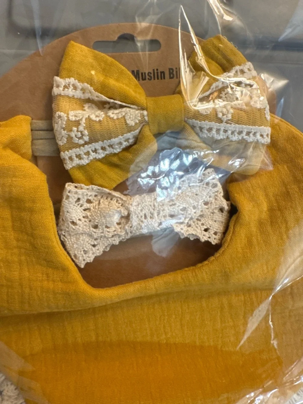Mustard Yellow muslin Lace-Trim Baby Bib & Bow Set
